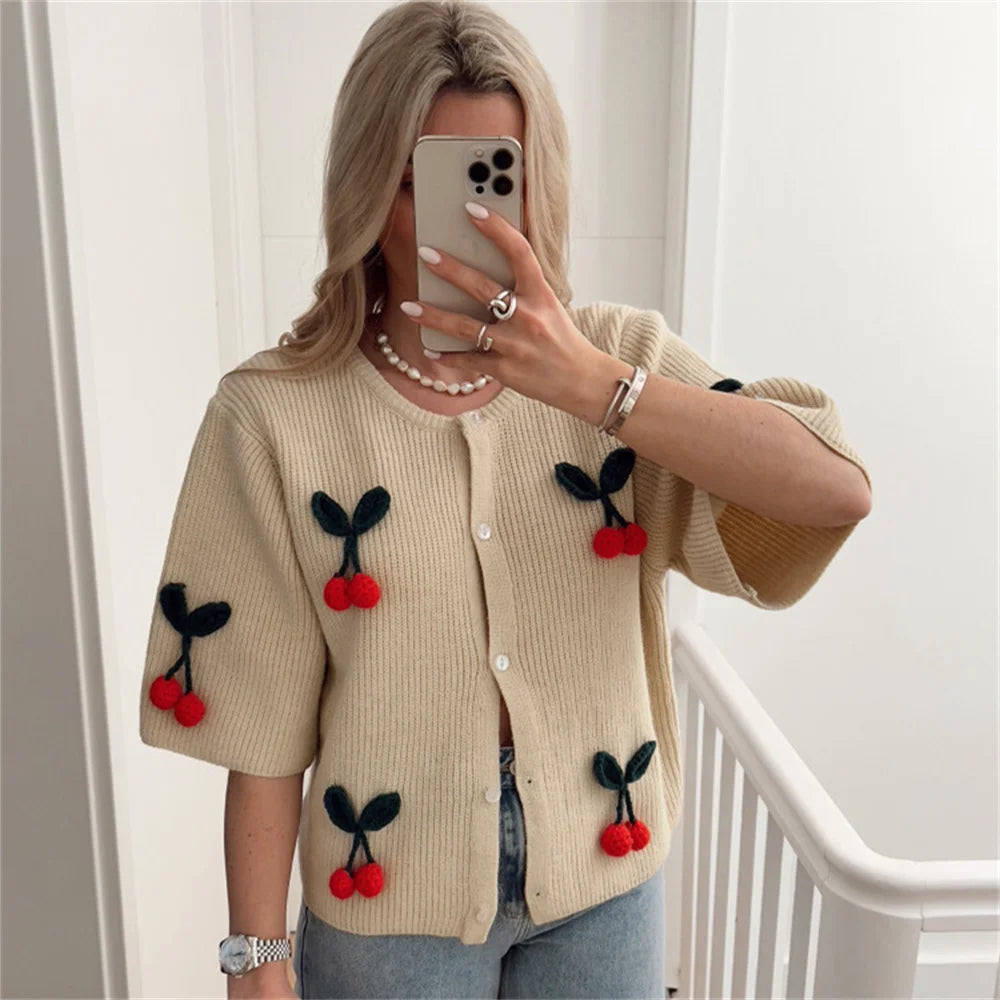 Summer Women's Casual Knitted Cardigan Cherry Short Sleeve Sweater