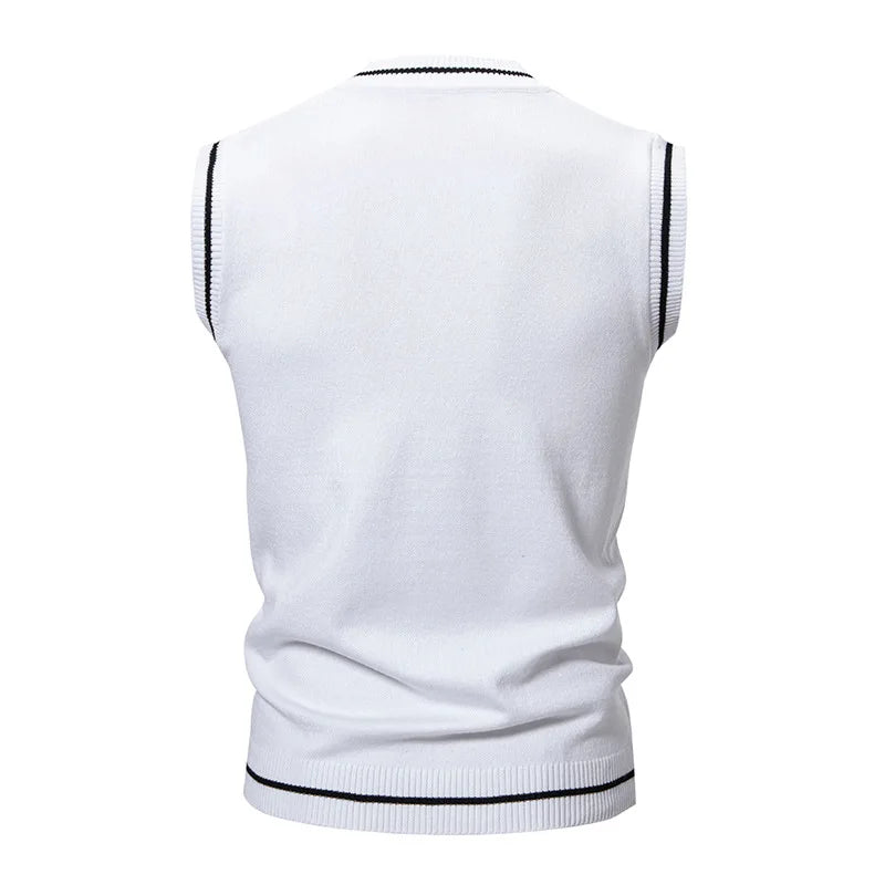 Men's V-Neck Knit Vest - Slim Fit Sleeveless Patchwork Sweater Vest for Autumn Winter