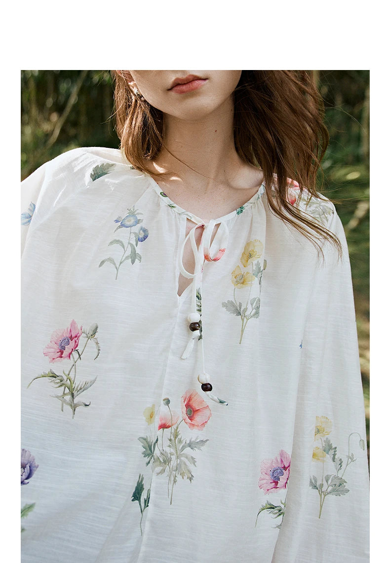 Women's Linen Blend Floral Print Blouse | Lantern Sleeves | O-Neck | Loose Fit | White | Spring Summer