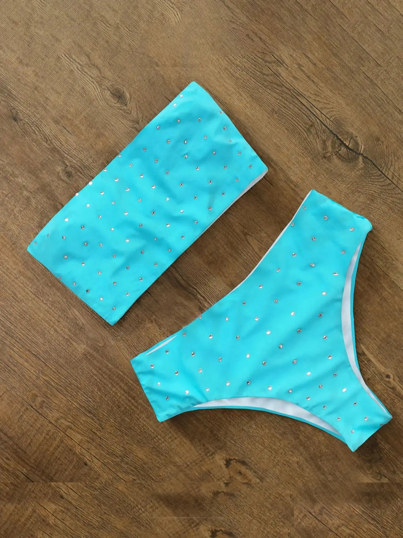 Rhinestone Bandage Bikini Set - High Waist Print Swimwear