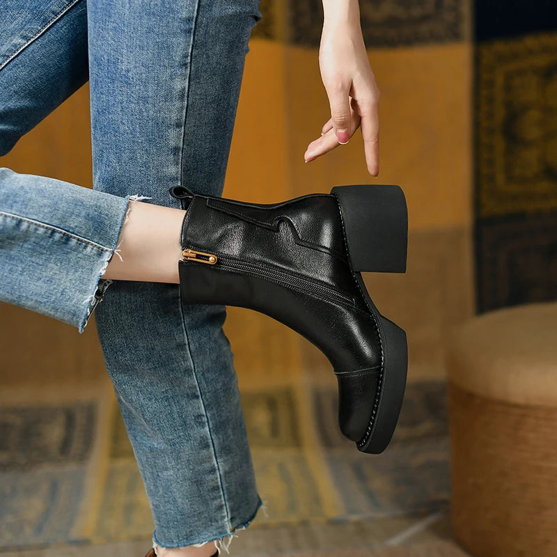 Women's Genuine Leather Platform Chunky Ankle Boots