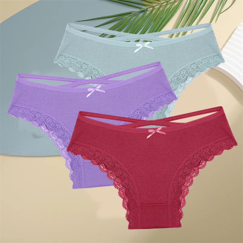 3PCS Women Cotton Underwear Panties Lace Briefs Low-Waist Cross Belt Hollow Out Cozy Lingerie