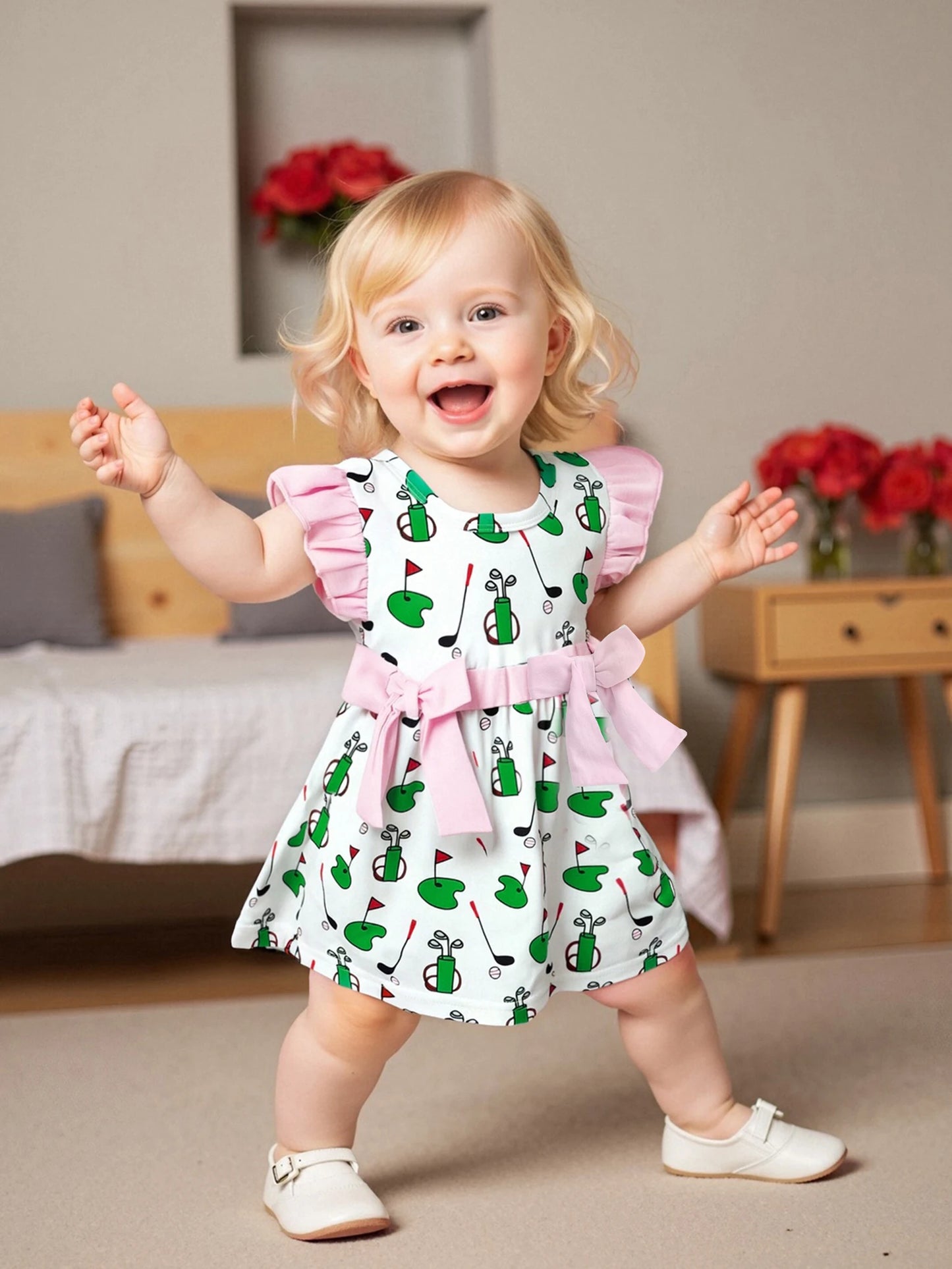 Baby Girls' Romper Dress - Golf Print Bowknot Ruffles Fly Sleeve Bodysuit
