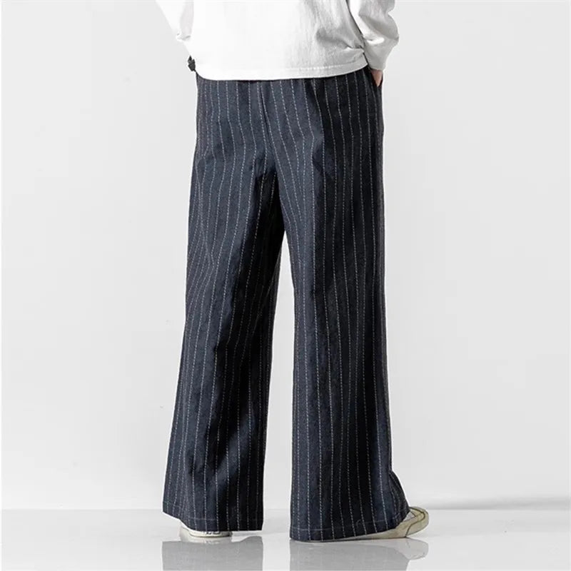 Men's Cotton Linen Wide Leg Pants Stripe Loose Harem Vintage Straight Casual Trousers