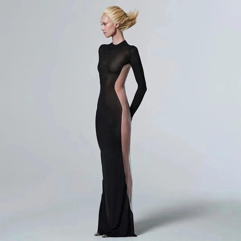 Women's See Through Mesh Splice Maxi High Waist Tight Elastic Long Sleeve Floor-Length Dress