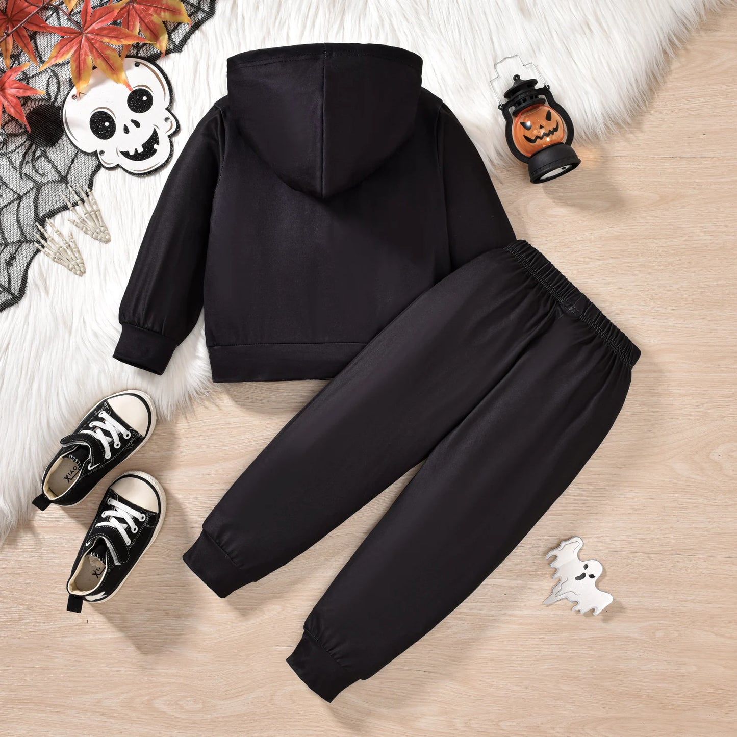 1-6Y  Kids Boys Halloween Dark Skeleton Costume Clothes Sets Long Sleeve Cartoon Hooded Tops and Pants