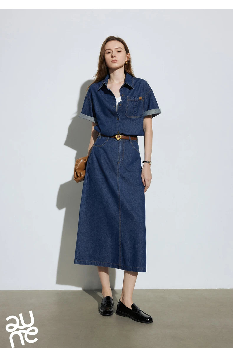 Women Denim Shirt Half Length Skirt Summer New Retro Style Two Piece Set