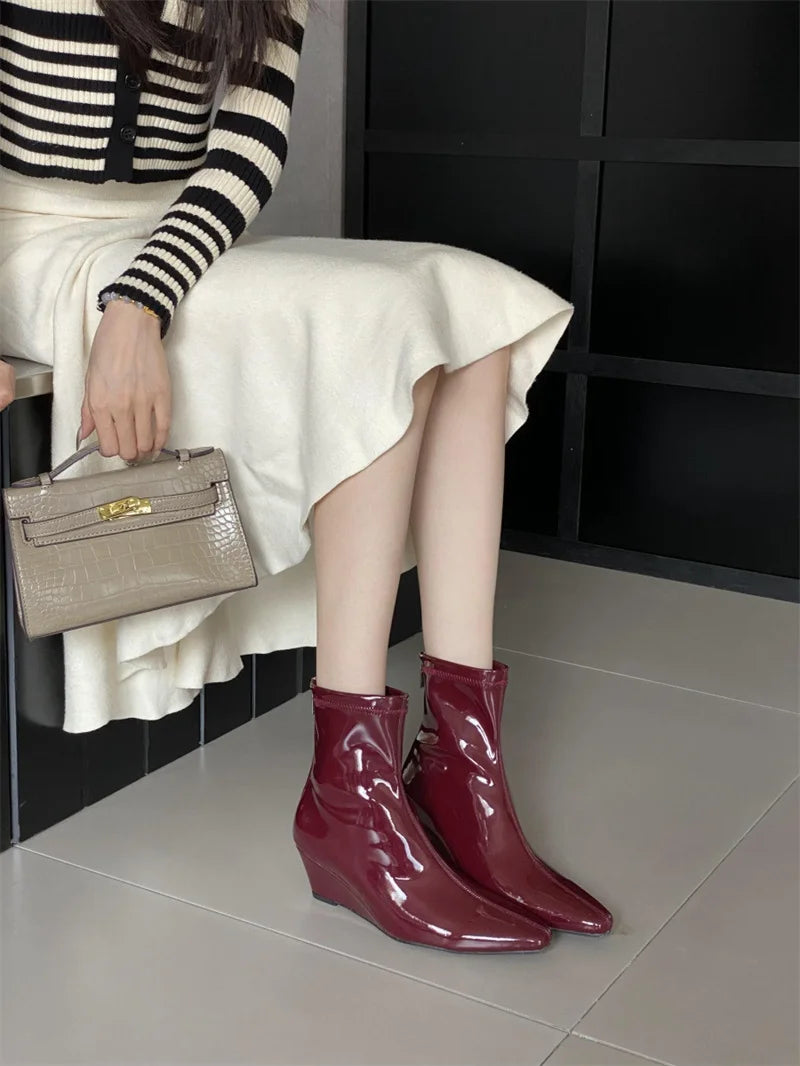 Patent Leather Pointed Toe Chelsea Ankle Boots | Wedge Heel & Rear Zip