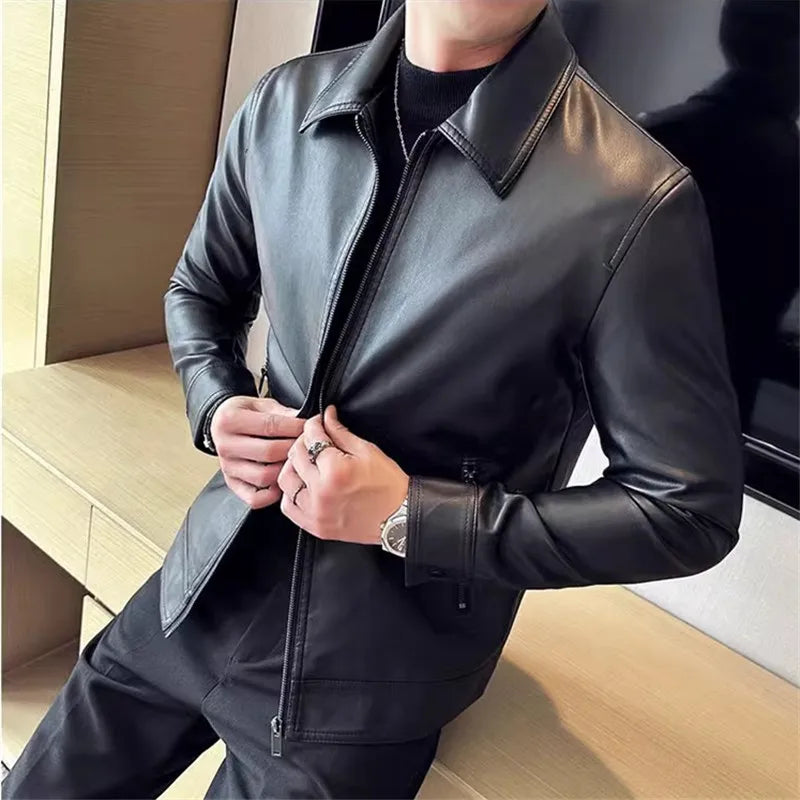 Men's Turn Down Collar PU Leather Jacket