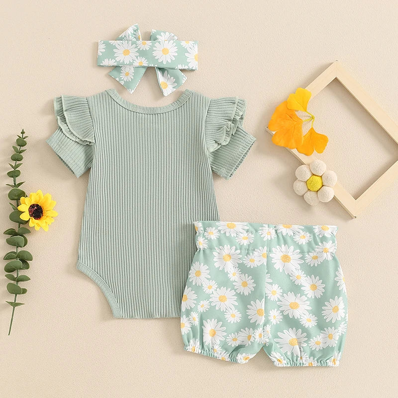 0-24M Baby Girls Summer Clothes Sets 3pcs Letter Print Short Sleeve Romper Sunflowers Shorts with Belt Headband