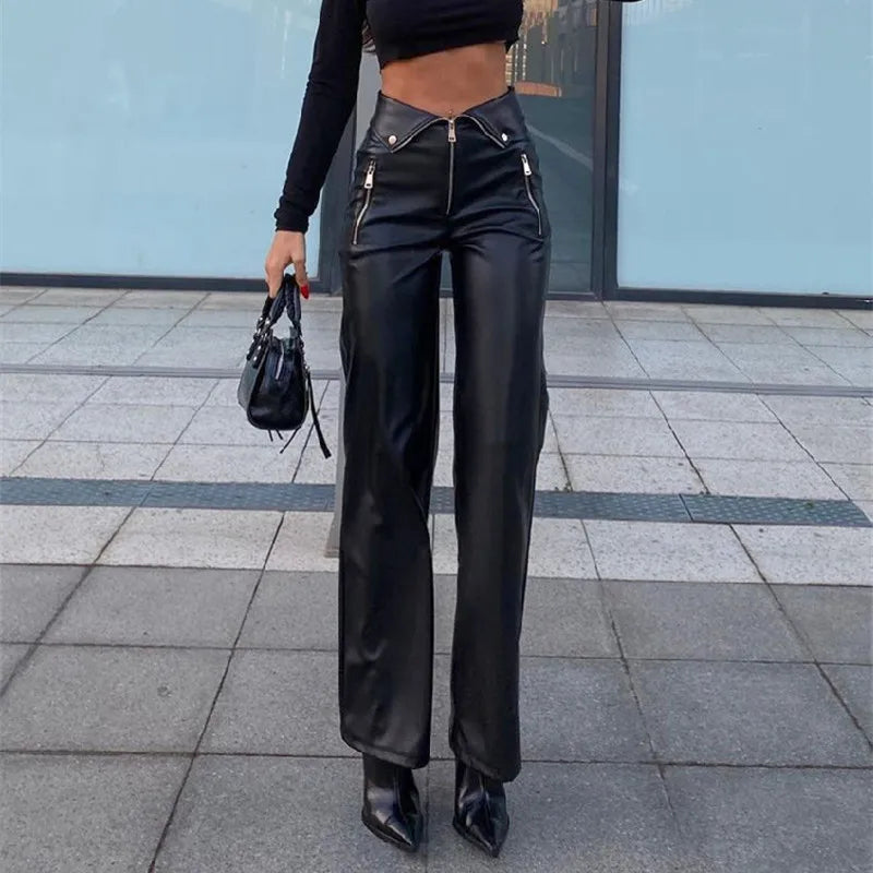 Women's PU Leather Zip Up High Rise Chic Straight Leg Trousers