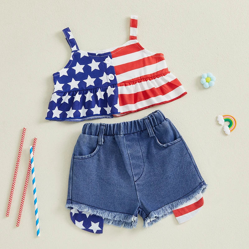0-4Y Kids Girls American Flag Clothes Sets Star Stripe Print Camisole and Elastic Raw Denim Shorts