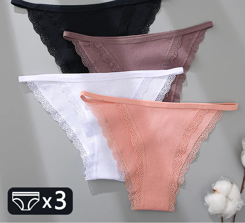 Women's Cotton Lace Briefs 3-Piece Set - Comfortable Underwear