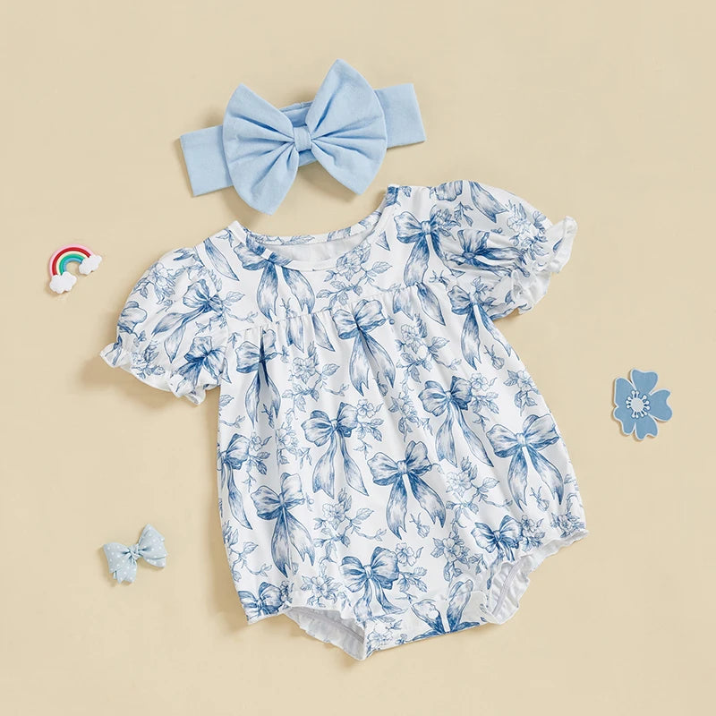 Baby Girls Bow Print Romper with Headband Set (0-18M)