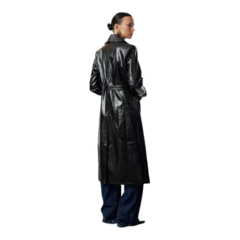 Women's Faux leather long Trench Belted,Regular fit Coat  Jacket