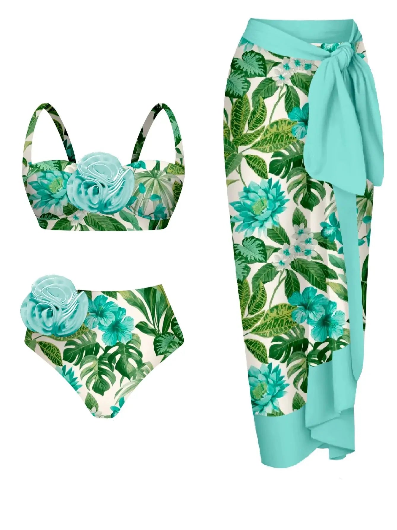 Women's Summer 3D Flower Bikini Suit High Waist Swimwear Swimsuit Beachwear Set