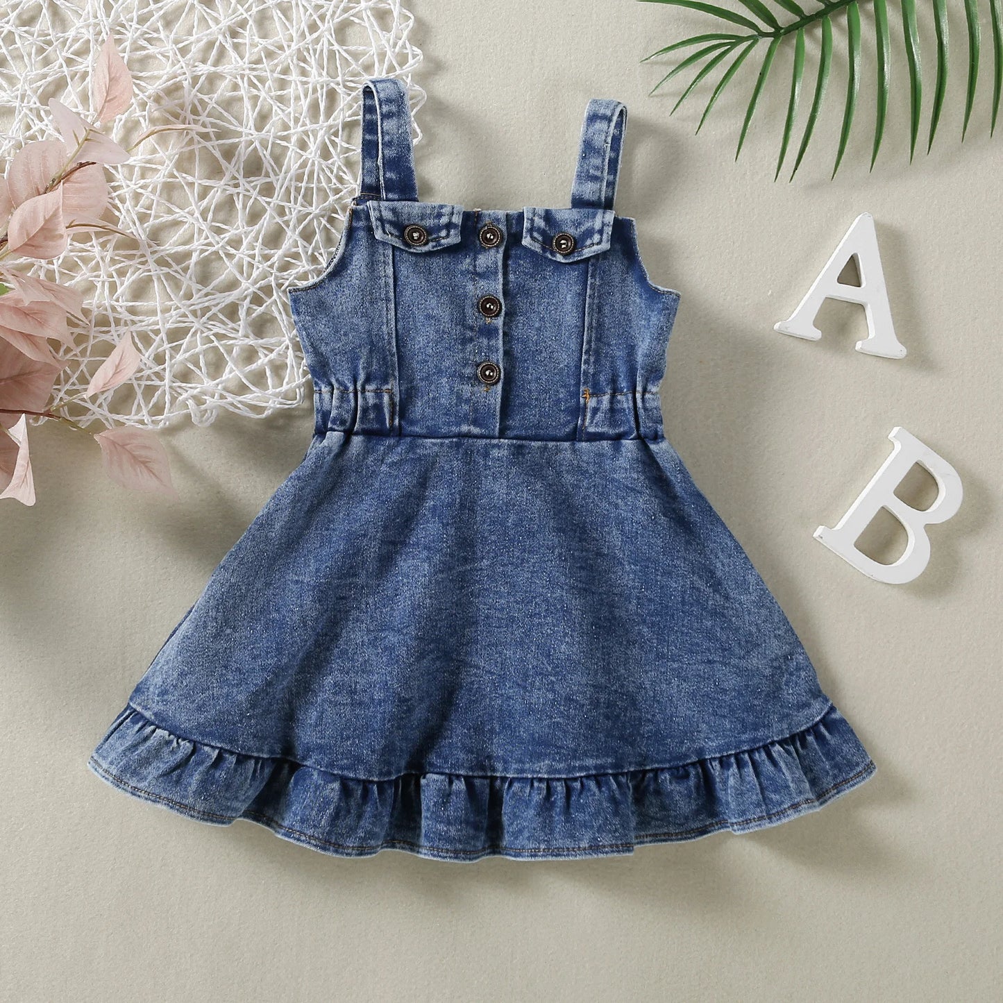 0-4Y Kids Girls Denim Ruffles Sleeveless Strap Button A-Line Sundress