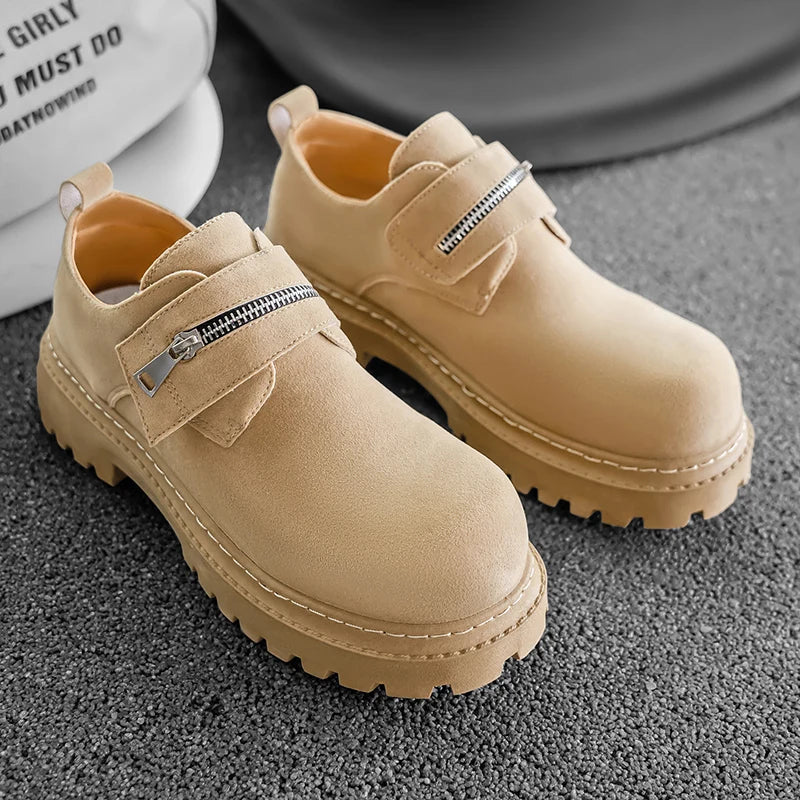 Men's Suede Leather Platform Work Shoes - Zipper Business Sneakers