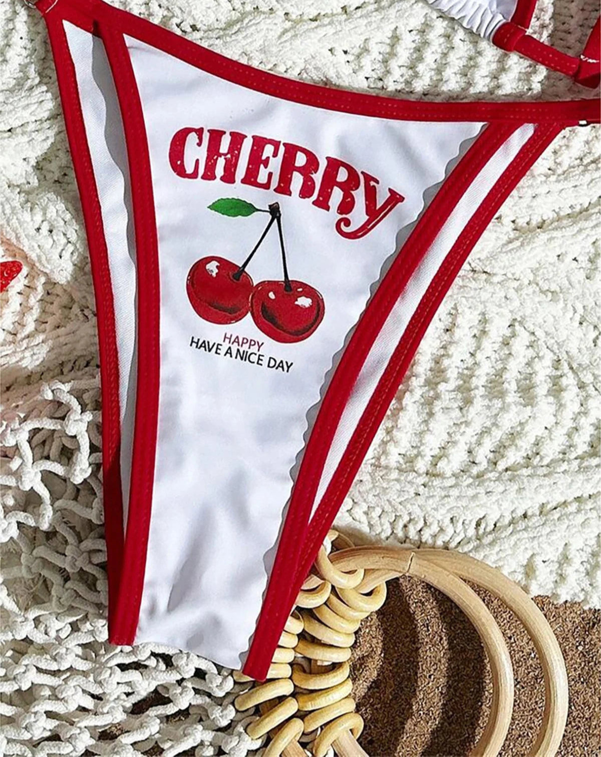 Women's Cherry Printed Short Sleeve Bikini Swimsuit Swimwear Three-pieces Bikini Set