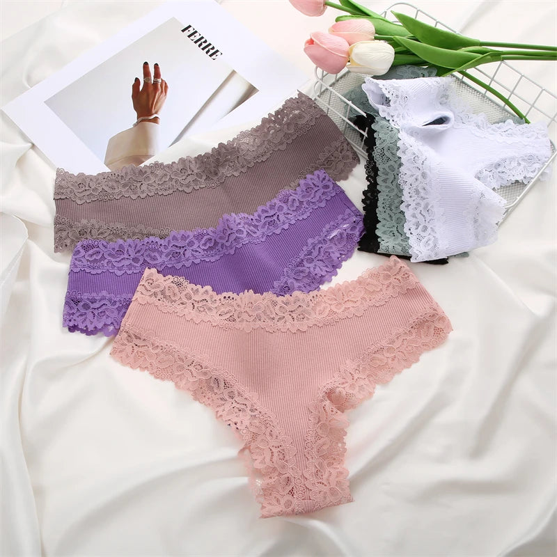 5PCS Women Cotton Lace Underwear Low Waist Briefs Breathable G-String Lingerie