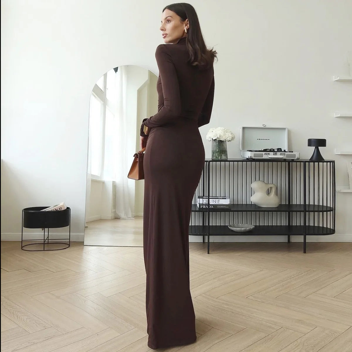 Women's Slit Long Turtleneck Bodycon Patchwork Elegant Ruched Gown Dress