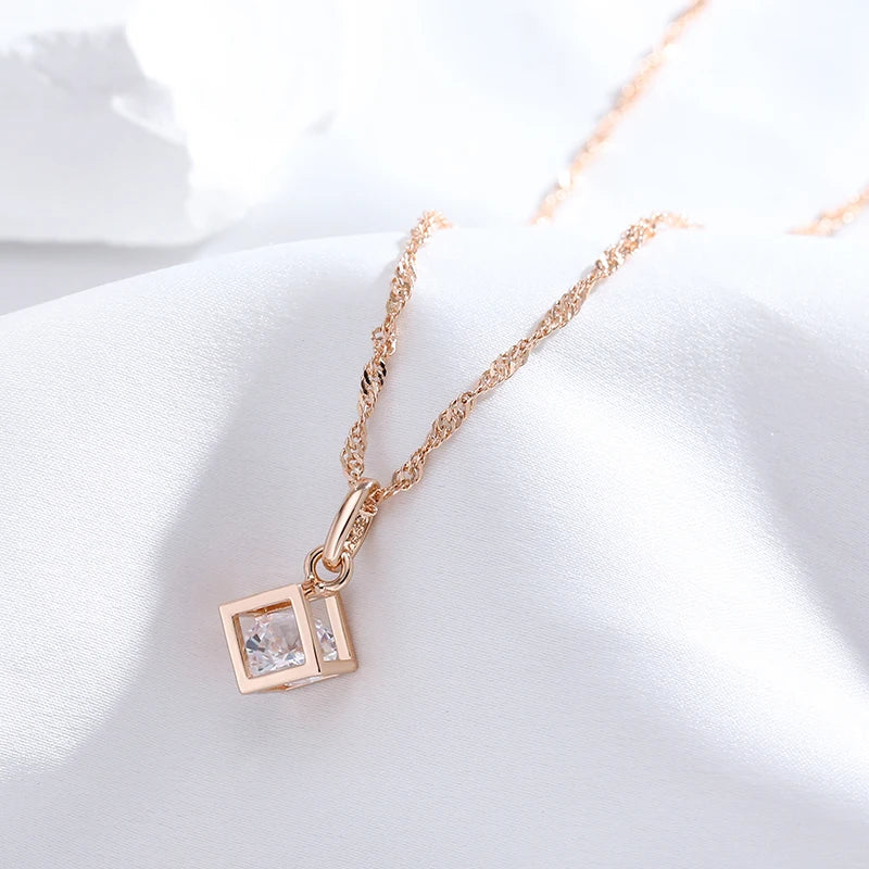 Women's 585 Rose Gold Colour Natural Zircon Hollow Square Pendant Necklace