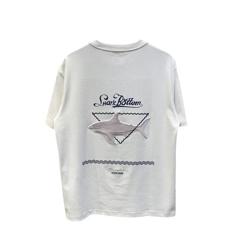 Men's Embroidered T-Shirt Shark Patch Back Detail Crew Neck Short Sleeve