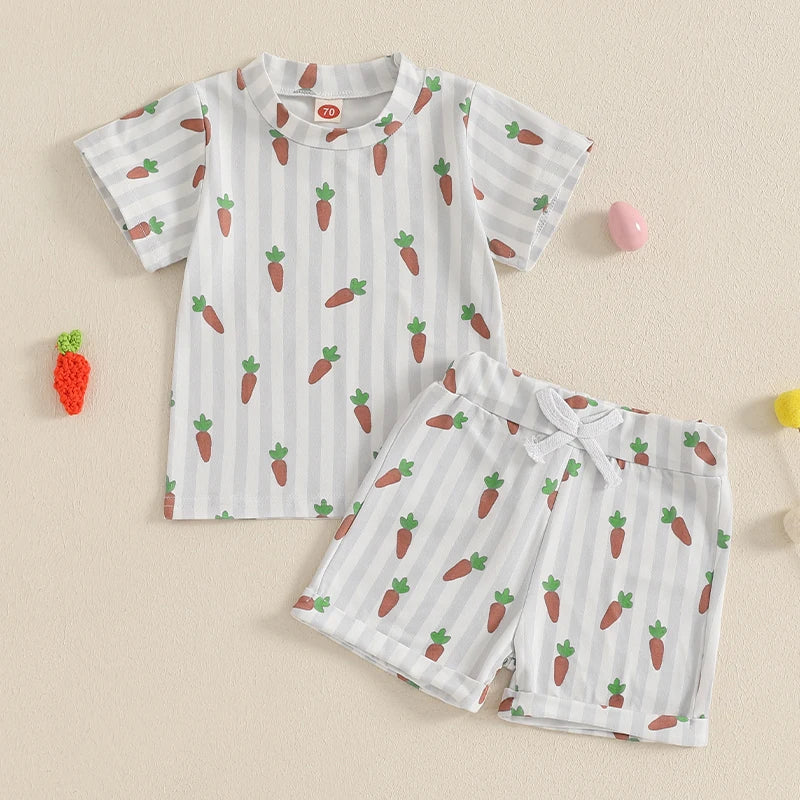 Infant Baby Boys Easter Clothes Set - Carrot Stripe Print T-Shirt & Shorts 2pcs