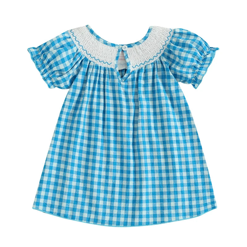 0-4Y  Kids Girl’s  Short Sleeve Embroidery Crew Neck Plaid Flags Print A-Line Dress