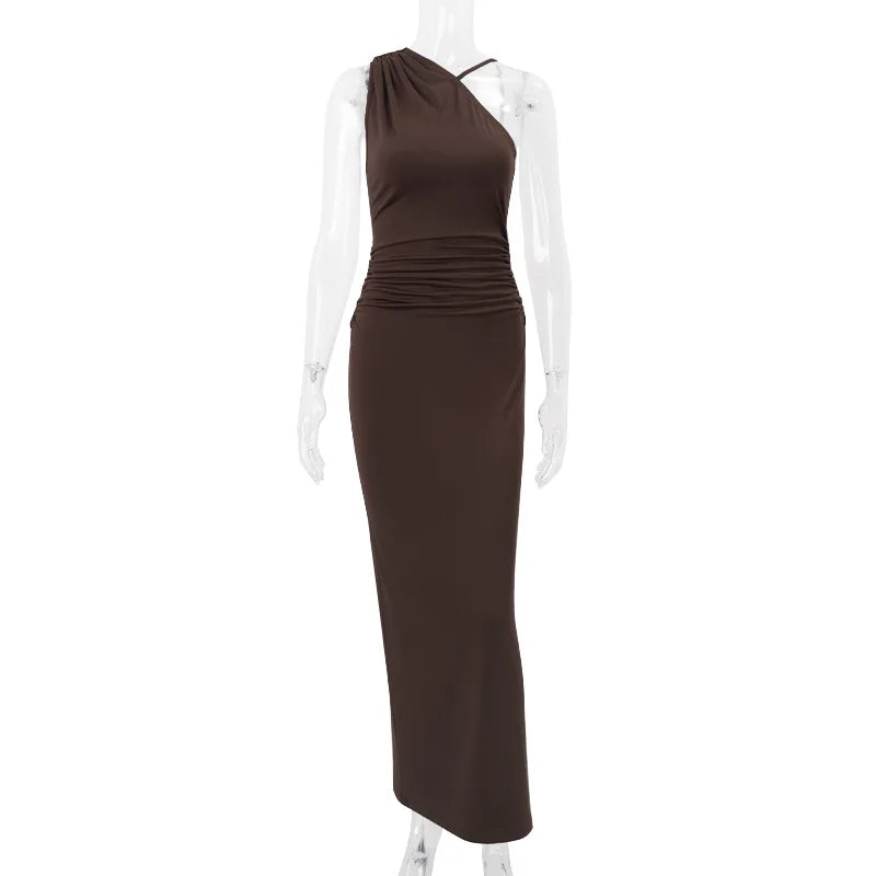 Women's Asymmetrical Backless Maxi Dress - Sleeveless Ruched Party Dress