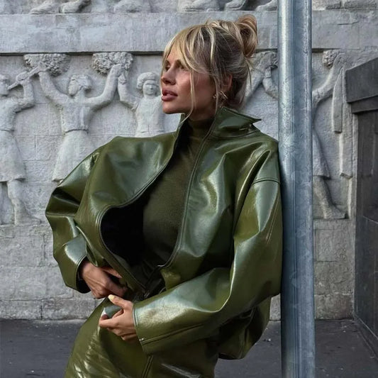 Faux Leather Motorcycle Jacket - Long Sleeve Stand Collar Spring Autumn Coat