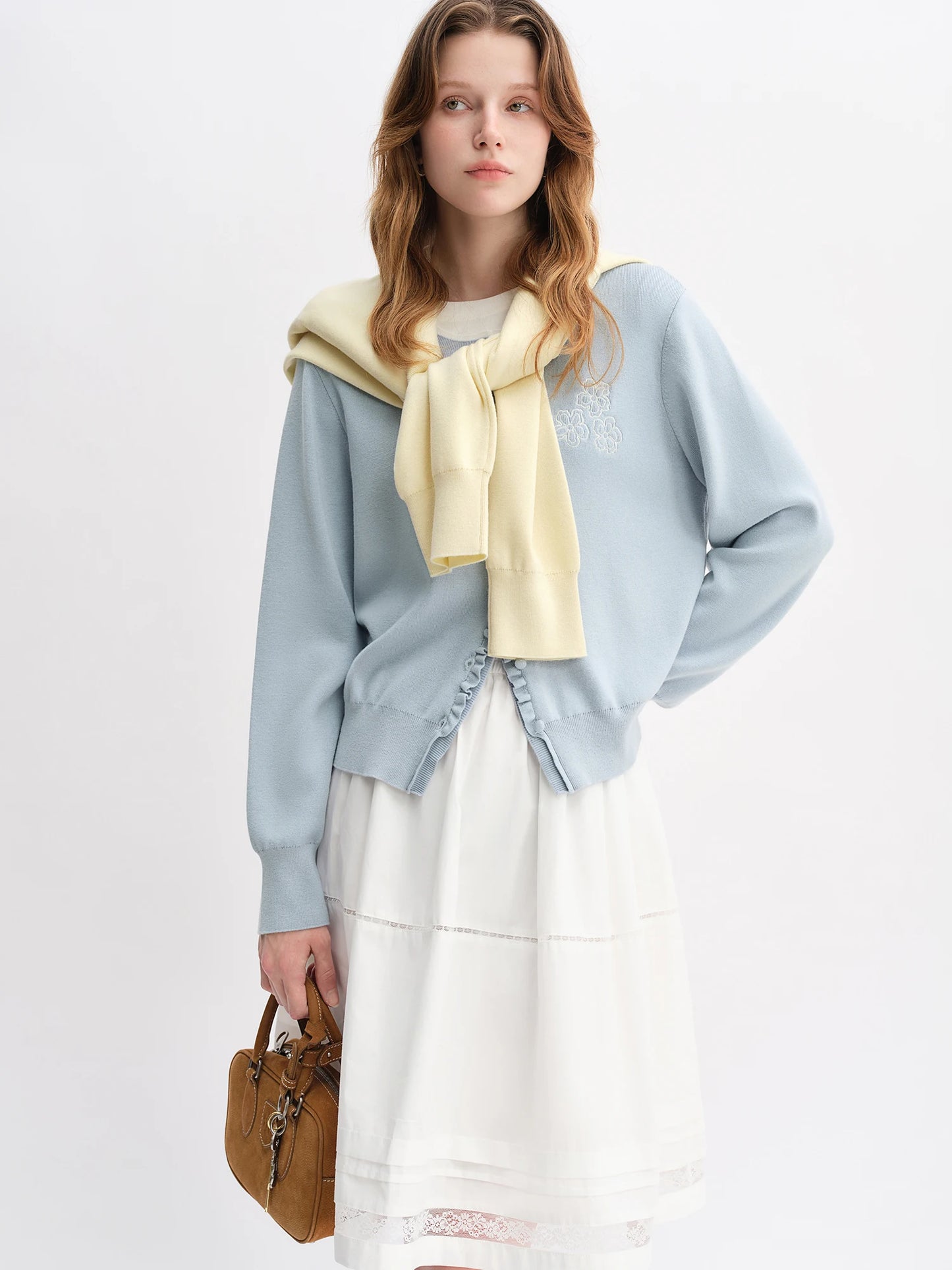 Floral Embroidered Knit Cardigan - Ruffle Trim Loose Fit Cardigan