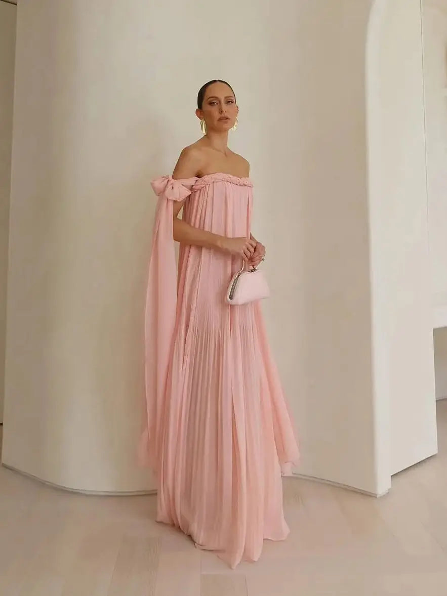 Off-Shoulder Braided Tie Maxi Dress - Pleated A-Line Summer Beach Dress