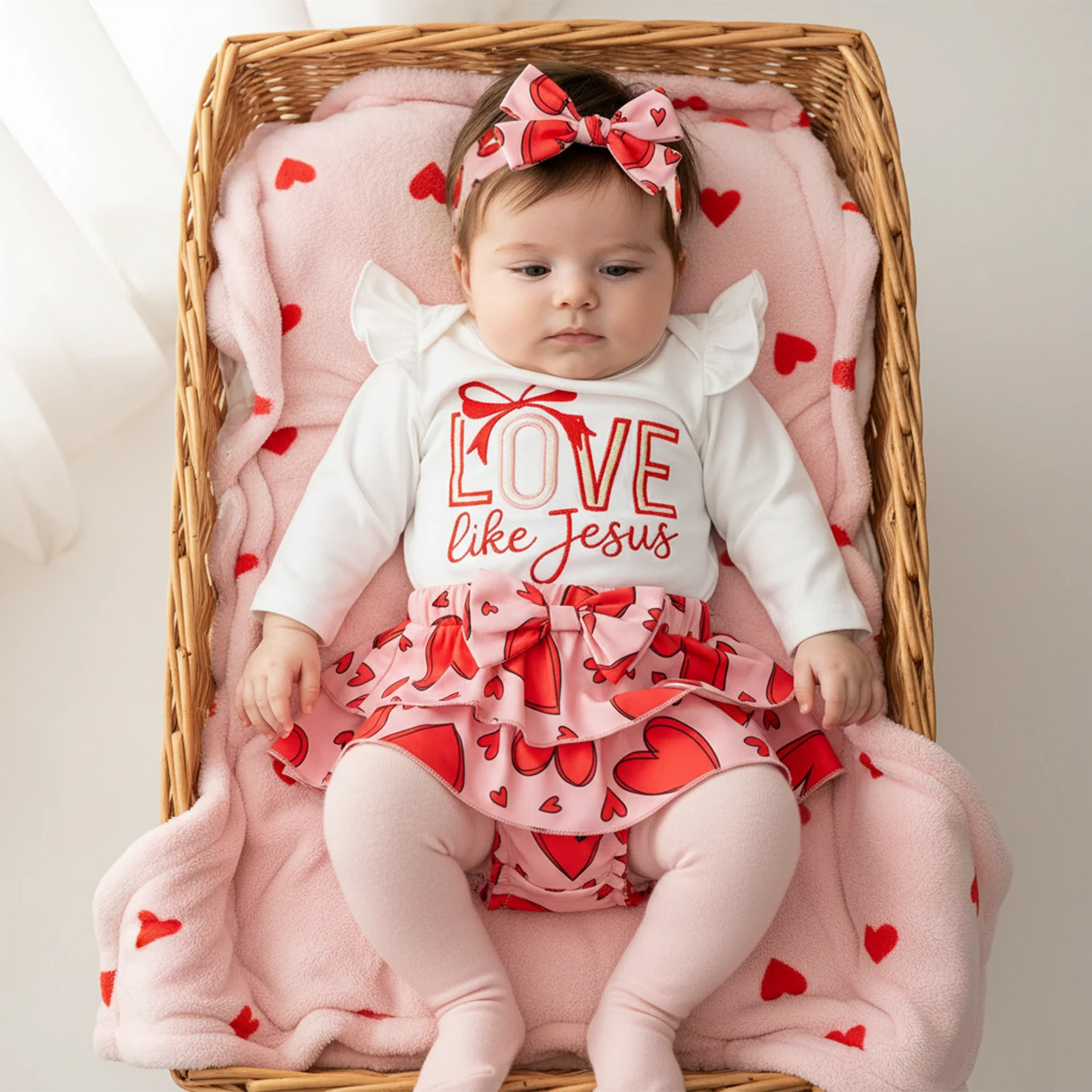 Baby Girls Valentine's Day Letter Embroidery Romper Heart Print Shorts and Hairband Set