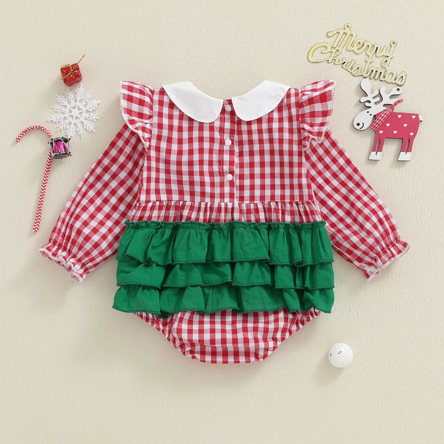 Baby Girls Christmas Romper - Plaid Santa Embroidery Long Sleeve Jumpsuit