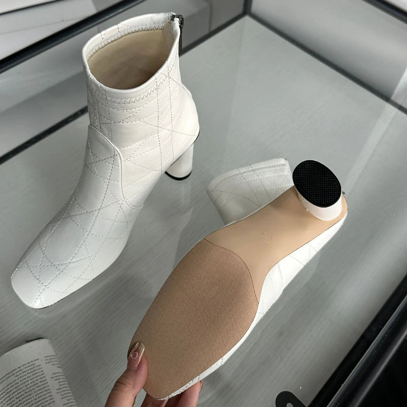 Retro Checkered Ankle Boots - Round Heel with Back Zipper