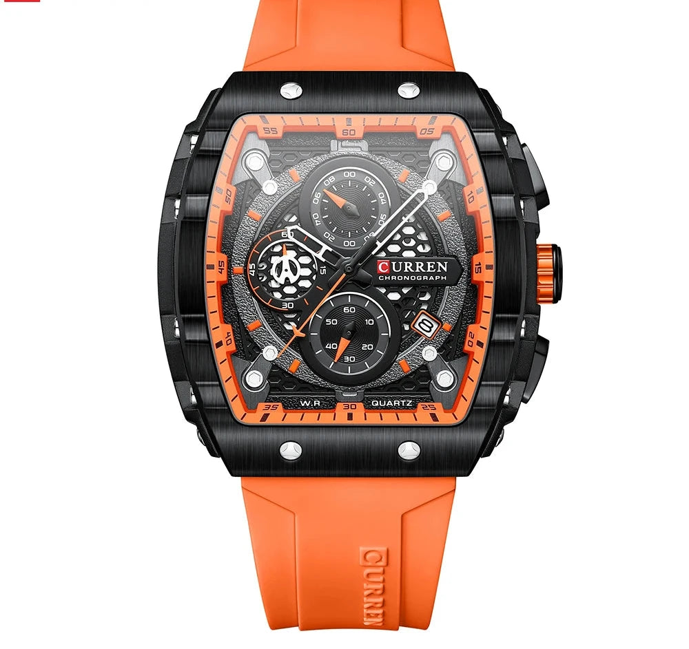 Tonneau Dial Sport Watch - Waterproof Quartz with Auto Date & Yellow Silicone Strap