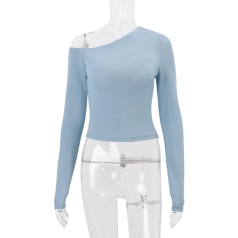 Women's Autumn Long Sleeve Asymmetrical Knit Top - Blue Cropped Slim Fit