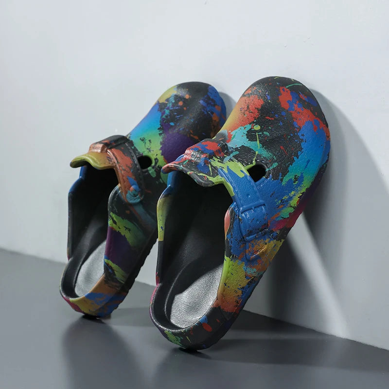 Men's Summer Slippers Platform Sandals Clogs Splashing Ink Design Slides