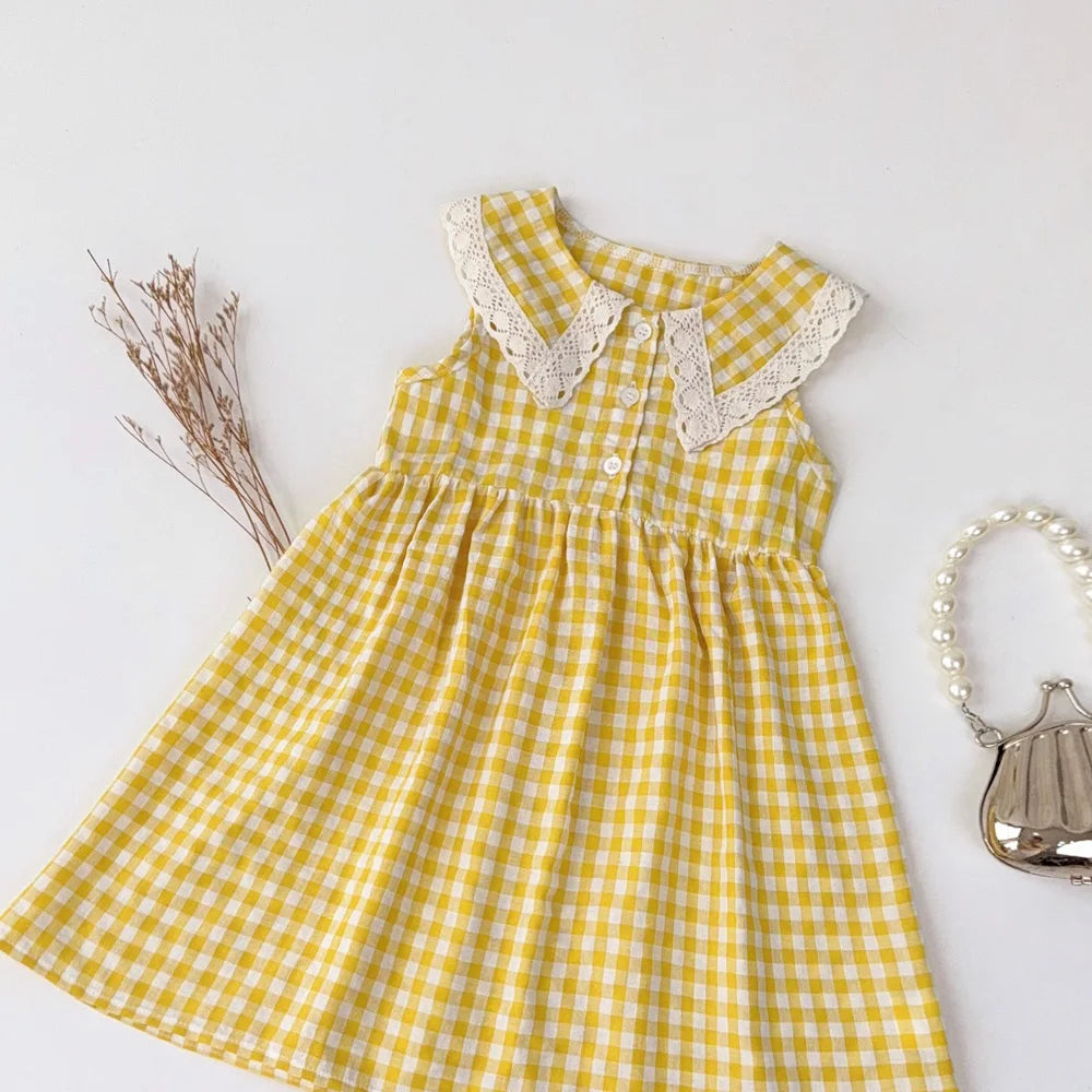 Girl's Lace Lapel Princess Sleeveless Plaid Print Dress