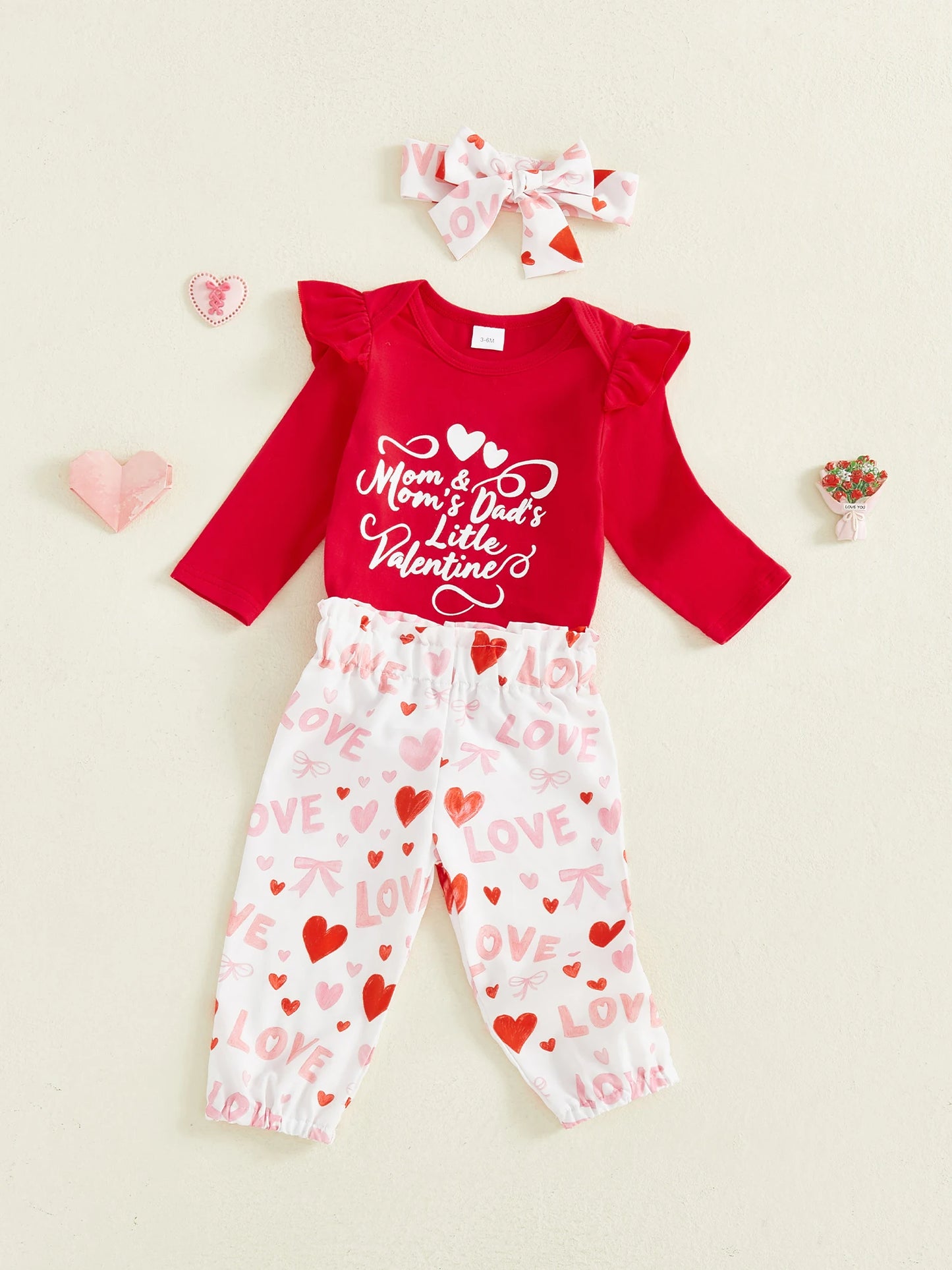 Baby Girls Valentine's Day 3-Piece Outfit Set - Ruffle Romper, Pants & Headband