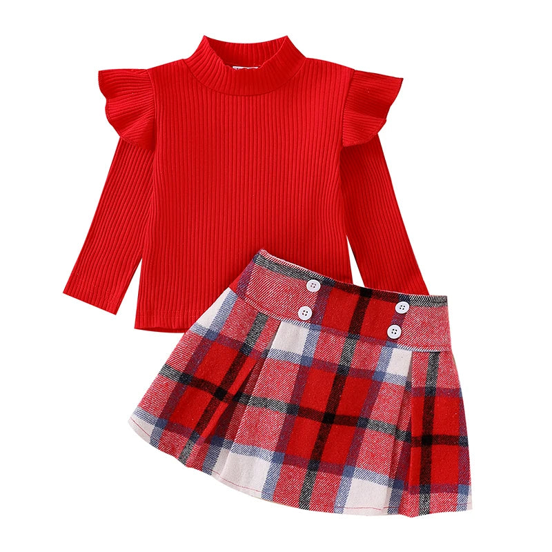 Little Girl Fall Clothes Set - Ruffle Long Sleeve Ribbed Top & Plaid A-Line Skirt