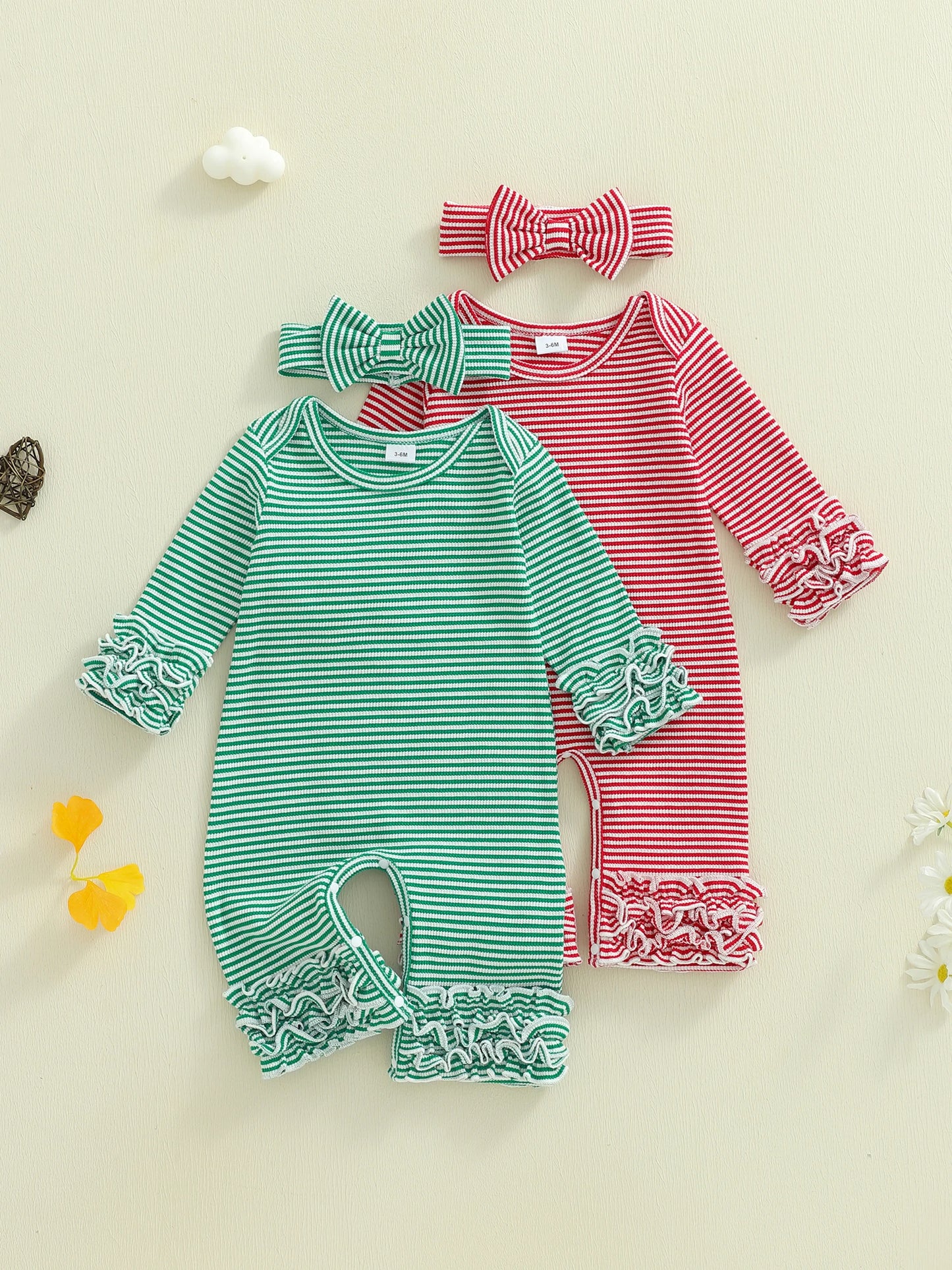 Baby Girls Striped Romper Outfit - Long Sleeve Full Length Jumpsuit with Bow Headband (0-18M)
