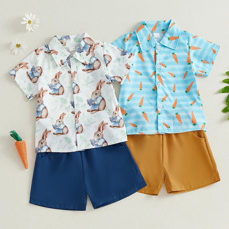 0-5Y Toddler Kids Boy's Easter Clothes Sets Rabbit/Carrot Print Short Sleeves T-Shirt and Elastic Shorts