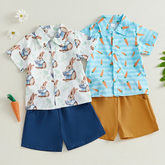0-5Y Toddler Kids Boy's Easter Clothes Sets Rabbit/Carrot Print Short Sleeves T-Shirt and Elastic Shorts