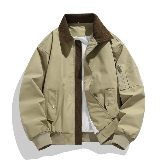 Men's Vintage Cargo Bomber Jacket - Patchwork Turn Down Collar Casual Outerwear