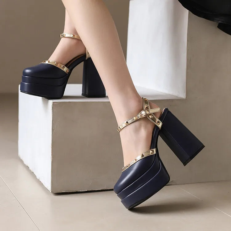 Women's Riveted Leather 14cm Square Heels Pumps Shoes