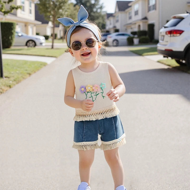 1-5Y Kids Girls Summer Clothes Sets Sleeveless Floral Embroidery Tasseled Tank Top and Elastic Denim Shorts