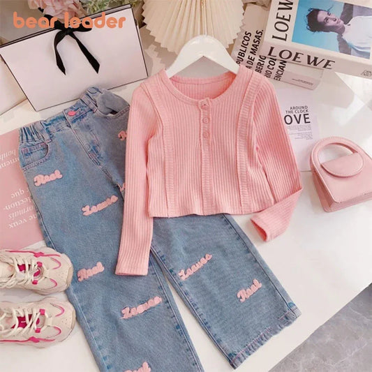 Girl's Knitted Sweet Top and Letter Decor Jeans Two Piece Set