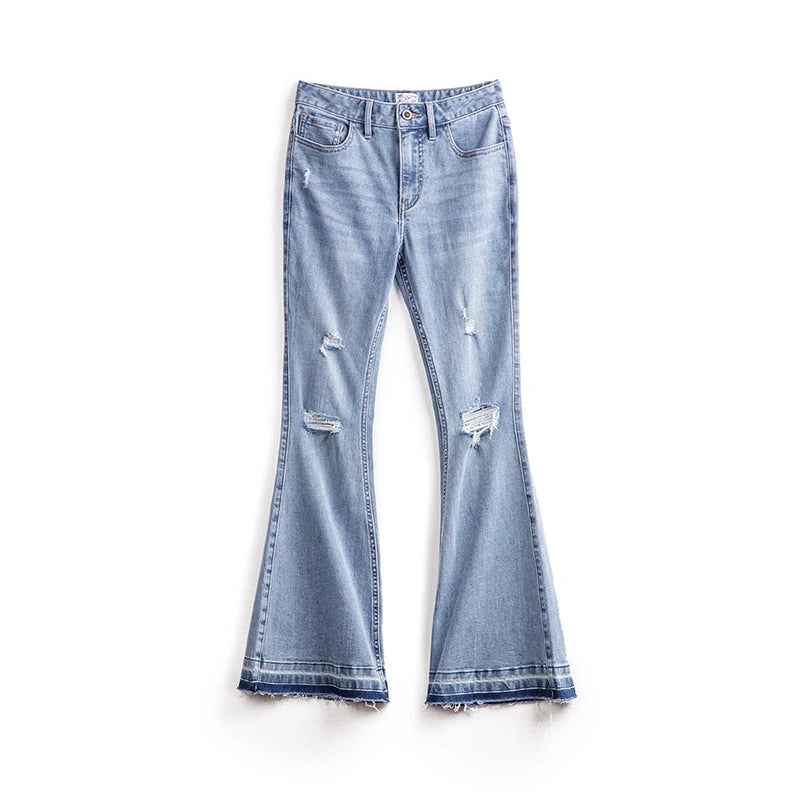 Women's Ripped Bell-Bottom Flare Jeans | 9oz Cotton Denim | Vintage High Street | Light Blue